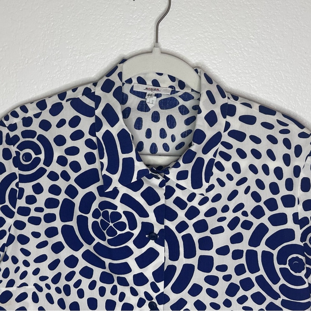 PRICE REDUCED French Rodier Navy/White Short Sleeve Button-Up blouse. Size 10/12